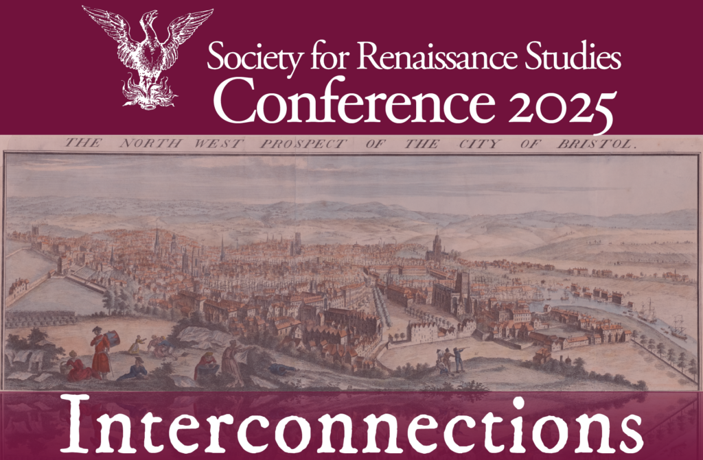 SRS Phoenix Logo on burgundy background, 'Conference 2025: Interconnections'. Image of the North West Prospect of the City of Bristol (1734)