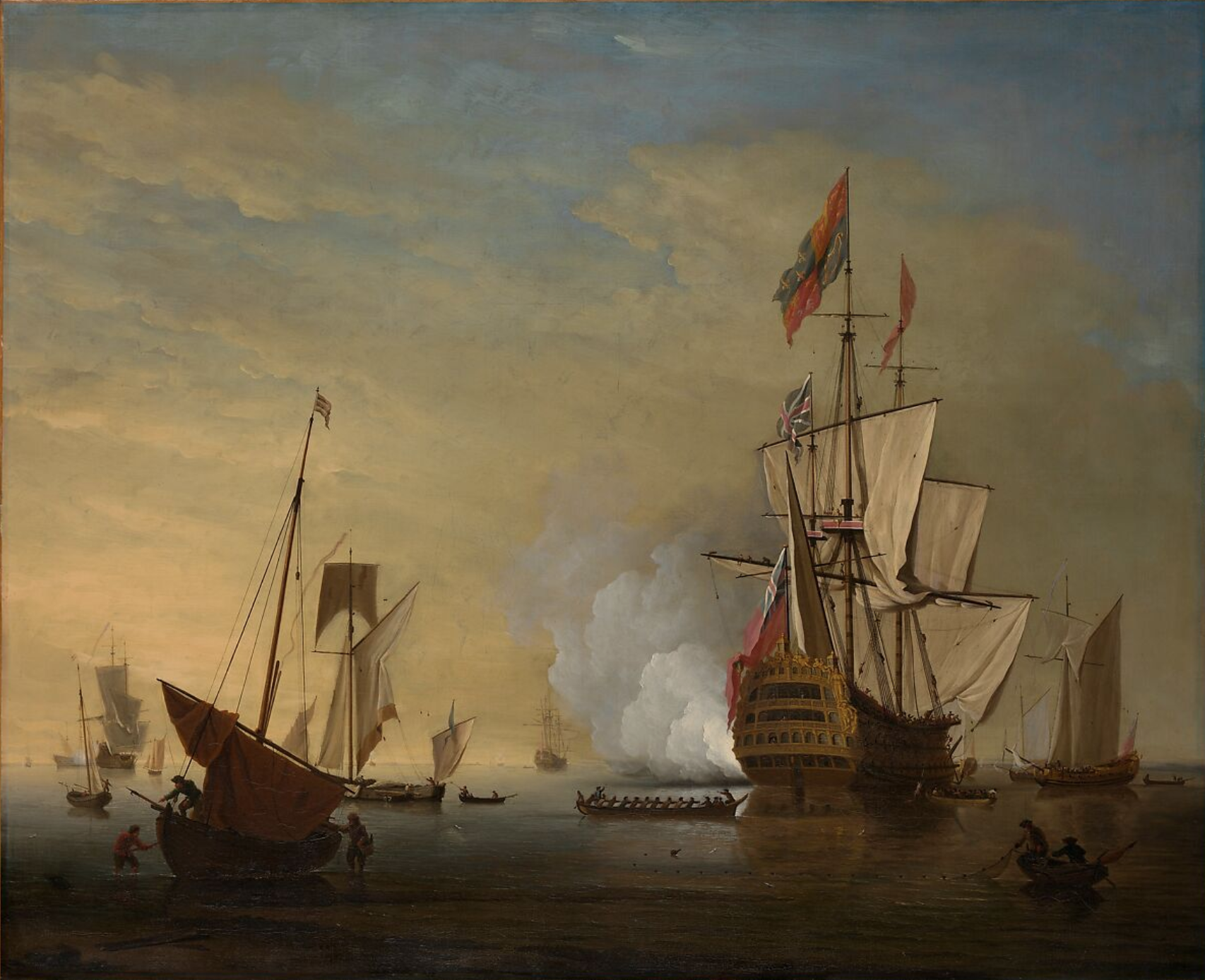 Peter Monamy, Harbor Scene: An English Ship with Sails Loosened Firing a Gun